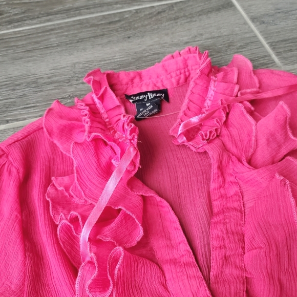 NWOT Dizzy Lizzy Fuchsia Pink Sheer Tie Neck Top w/ Ruffles & Ribbons - Picture 3 of 10